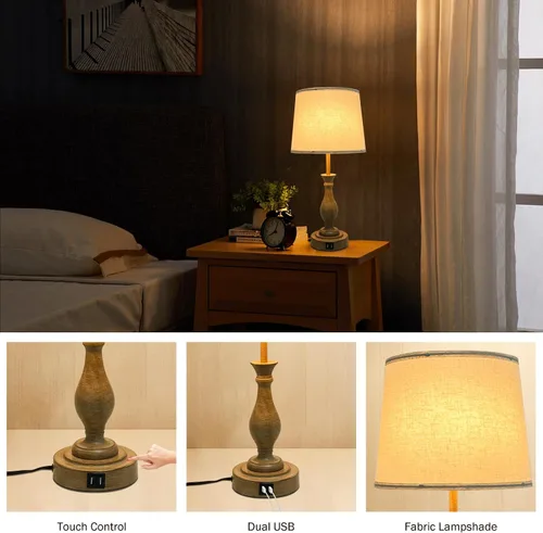 Miniatura 4 de LALISU Lámpara de mesa de granja con control táctil, lámpara de mesa regulable de 3 vías, lámpara moderna de mesita de noche con 2 puertos USB
