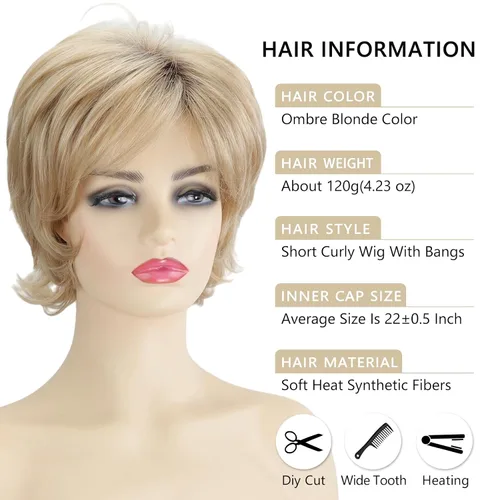 Miniatura 3 de TISHINING Pelucas Rizadas Cortas de Corte Pixie Ombre Rubias para Mujeres Blancas Peluca Rubia Mixta Esponjosa en Capas con Flequillo de Aspecto