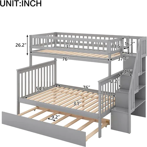 Miniatura 2 de Polibi Litera de escalera individual sobre matrimonial con nido, escalera de almacenamiento y barandilla de longitud completa, litera de Gris