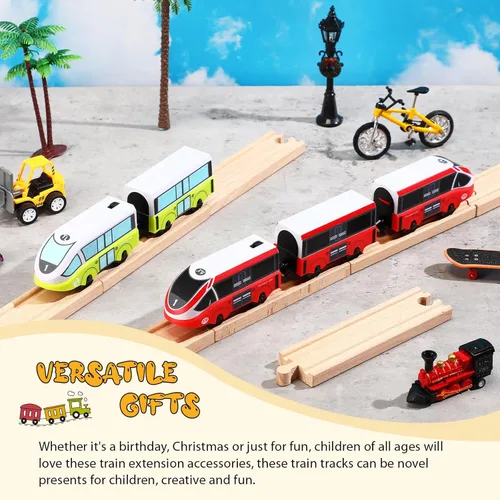 Miniatura 6 de Liliful Paquete de 16 piezas de expansión de vía de tren de madera con adaptadores macho-macho y hembra-hembra compatibles con la mayoría