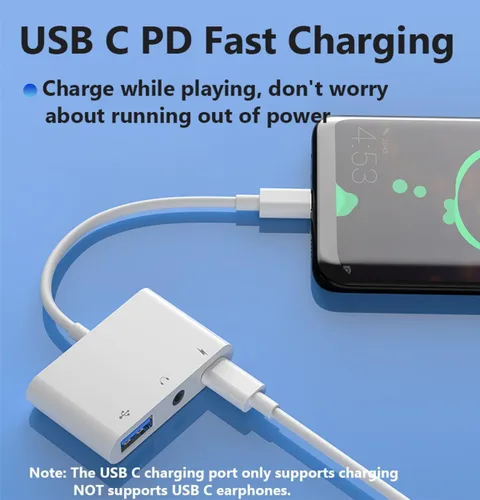 Miniatura 2 de Adaptador USB C a USB para MacBook, divisor USB C a USB-A OTG 3 en 1 con conector de audio de 0.138 in y puerto de carga rápida PD compatible