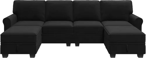 Miniatura 8 de HONBAY - Sofá seccional con asiento de almacenamiento de terciopelo, en forma de U, con tumbona reversible, sofá seccional convertible para sala