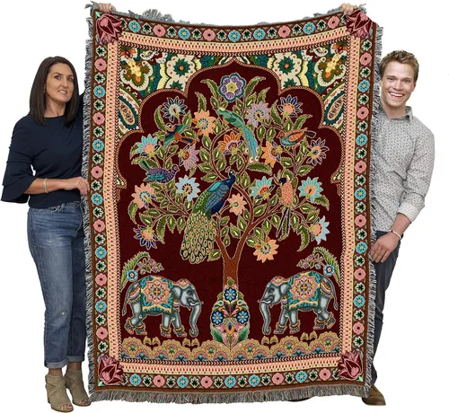 Pure Country Weavers Manta de elefantes asiáticos, diseño de árbol de la vida, tejida de algodón, fabricada en los Estados Unidos (72 x 54 pulgadas)