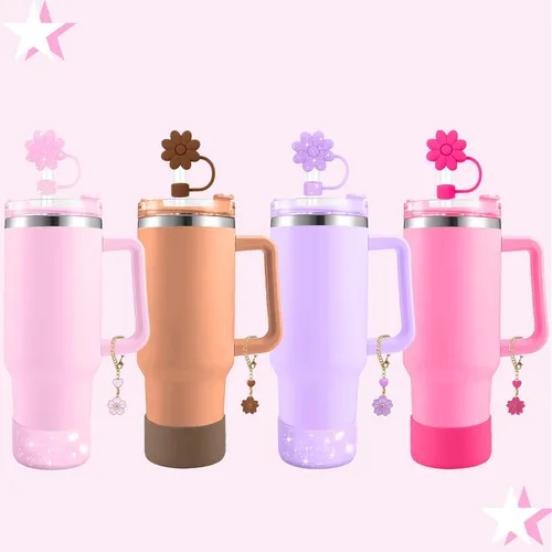 Miniatura 6 de Accesorios para juego de tazas Stanley, 2 tapas de paja de flores reutilizables de 0.394 pulgadas (0.394 in), 1 dije de mango lindo y 1 funda