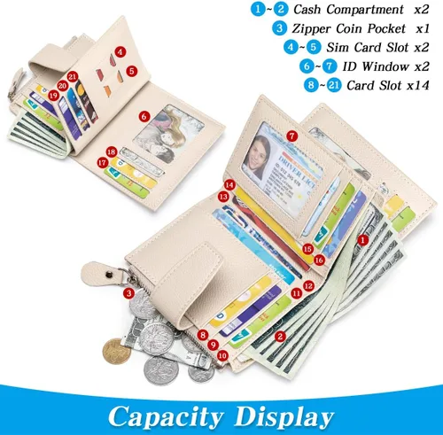 Miniatura 2 de Cartera de piel plegable con bloqueo RFID para mujer, tarjetero compacto con bolsillo con cremallera para monedas y 4 ventanas de identificación