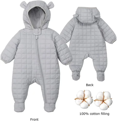Miniatura 8 de DDY Traje de nieve para bebé niña niño de 0 a 3 meses, chaqueta de plumón con capucha, mameluco para bebé, mameluco para invierno, color gris