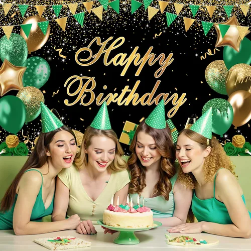 Miniatura 2 de Avezano Cartel verde de feliz cumpleaños verde dorado negro telón de fondo de feliz cumpleaños con purpurina decoración de fiesta de cumpleaños
