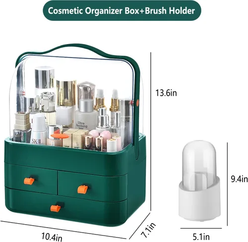 Miniatura 6 de Organizador de maquillaje grande con soporte para pinceles, organizador de cuidado de la piel impermeable y a prueba de polvo con tapa y cajones