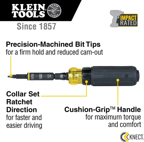 Miniatura 2 de Klein Tools 32500HDRT KNECT - Destornillador de trinquete, destornillador multibroca/destornillador de tuerca, herramienta 11 en 1 con clasificación