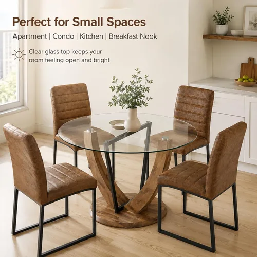 Miniatura 9 de 5-Piece Round Glass Dining Table Set for 4, 48” Modern Dining Room Table with Wood Grain Base, Brown Suede Upholstered Chairs with Black Metal Legs