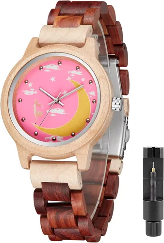 Miniatura 16 de Tiong Reloj de madera para mujer con correa de madera, diseño clásico analógico, colorido, de bambú, relojes para mujeres, parejas