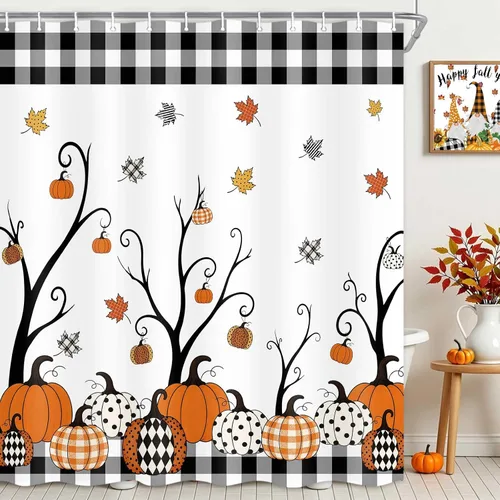 Miniatura 14 de MERCHR Cortinas de ducha de otoño para baño, diseño de girasol, calabaza, gnomo, Acción de Gracias, cortinas de bañera de tela impermeable, juego