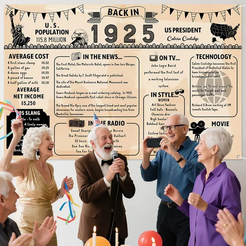 Miniatura 7 de Cartel de fondo grande de pared con texto en inglés "Back in 1925", estilo retro, feliz 101 cumpleaños, boda, aniversario, 101 años, reunión