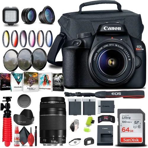 Canon EOS Rebel T100 / 4000D Cámara DSLR con lente de 0.709-2.165 in, lente Canon EF 2.953-11.811 in, tarjeta de memoria de 64GB, kit de filtro de