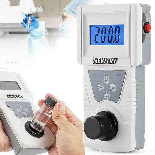 NEWTRY Medidor de turbidez, 0-200NTU Turbidímetro portátil de mano con soluciones de calibración, cumple con ISO7027, medidor de turbidez portátil