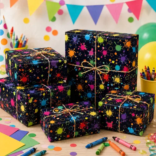 Miniatura 4 de Juego de 12 hojas de papel de regalo de neón brillante, 6 diseños de neón coloridos, envoltura de regalo para temática de luz negra neón brillante