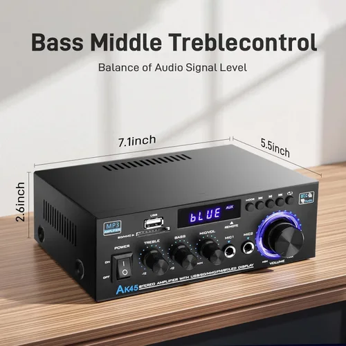 Miniatura 7 de AK45 Amplificador de audio estéreo para el hogar con receptor Bluetooth 5.0, 300 W+300 W Bluetooth HiFi AMP amplificador de potencia 2.0 canales RMS