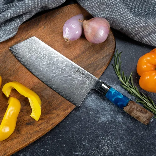 Miniatura 7 de SENKEN - Cuchillo de carnicero de acero Damasco, colección Tsunami, acero japonés VG10 de 67 capas, resina azul única y mango de madera natural