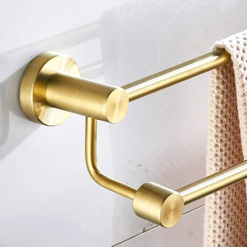 Miniatura 7 de BATHSIR Toallero de baño doble de oro cepillado ajustable, 14.56 a 27.55 pulgadas, toallero de montaje en pared para baño, colgador de toallas