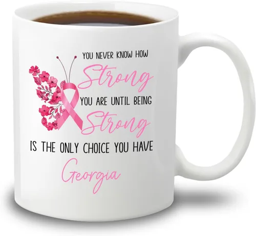 Miniatura 18 de Taza de café de concientización sobre el cáncer de mama con nombre personalizado, taza de café de 11 onzas, taza de té de cerámica blanca