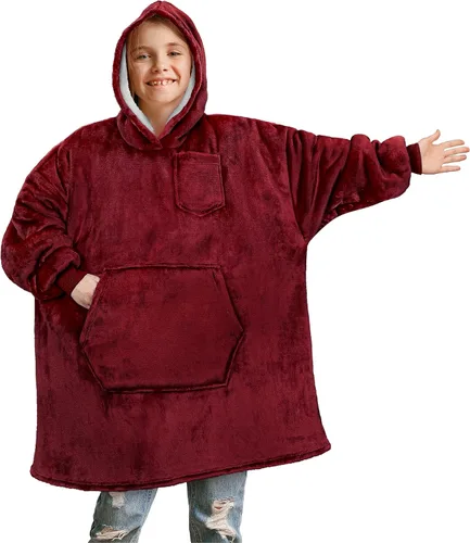 PAVILIA Sudadera Manta Ponible para Niños y Niñas, Sudadera con Capucha Gigante Cálida y Acogedora, Forro Polar Sherpa con Capucha y Mangas de Rojo