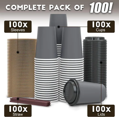 Miniatura 7 de Paquete de 100 tazas de café desechables de 12 onzas para llevar con tapas, fundas y pajitas, 100% biodegradables y compostables, tazas de café