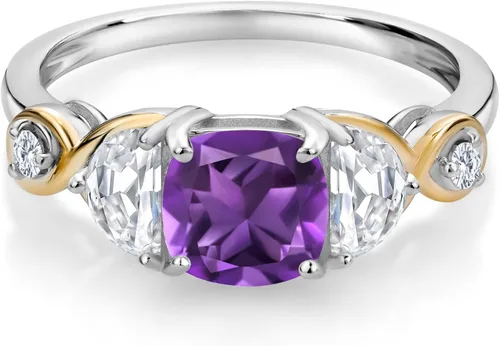 Miniatura 2 de Gem Stone King Plata 925 y oro amarillo de 10 quilates, cojín de anillo de 3 piedras amatista media luna creada moissanita y diamante cultivado