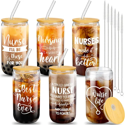 Miniatura 9 de Juego de 6 vasos de vidrio con forma de lata de 16 onzas con tapas y pajitas de bambú, regalos de graduación de escuela de enfermería para mujeres