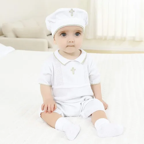 Miniatura 2 de HAPIU Traje de bautismo para bebé niño con sombrero y calcetines, traje de bautizo con detalle de cruz