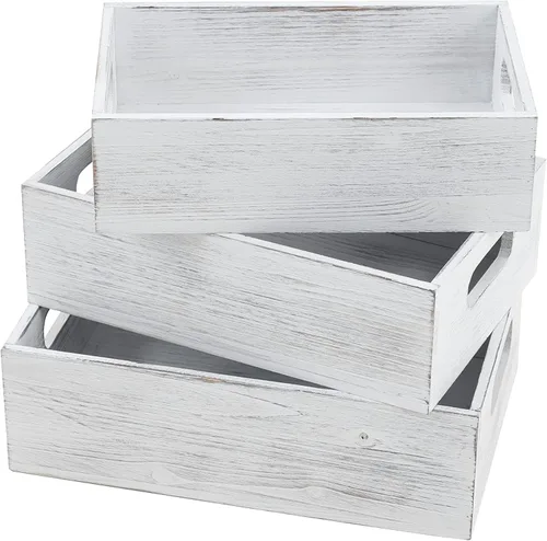 Miniatura 11 de PHOENANCEE Cajas de madera para exhibición, cajas decorativas rústicas de almacenamiento, juego de 3, caja anidable de madera con asas, cesta