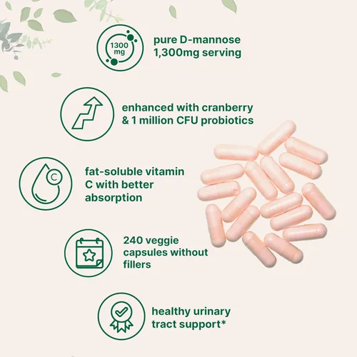 Miniatura 3 de Pure D Manosa 1,300 mg con arándano rojo y probióticos, 240 cápsulas vegetales Salud del tracto urinario para mujeres Más 1 millón de UFC mezcla