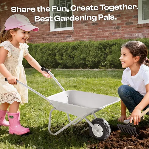 Miniatura 7 de ROBUD Herramientas de jardinería para niños, juego de juguetes al aire libre con carretilla para niños, 9 piezas de carretilla de metal para niños
