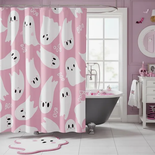 Miniatura 9 de Cortina de ducha de tela de unicornio de Halloween, misteriosa cortina de ducha de flores de castillo estrellado para baño, cortina de ducha