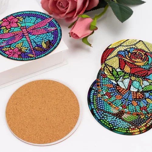 Miniatura 6 de 8 piezas de posavasos de arte de diamante con soporte, kits de pintura de arte de diamante de vidrio coloreado DIY para principiantes, suministros