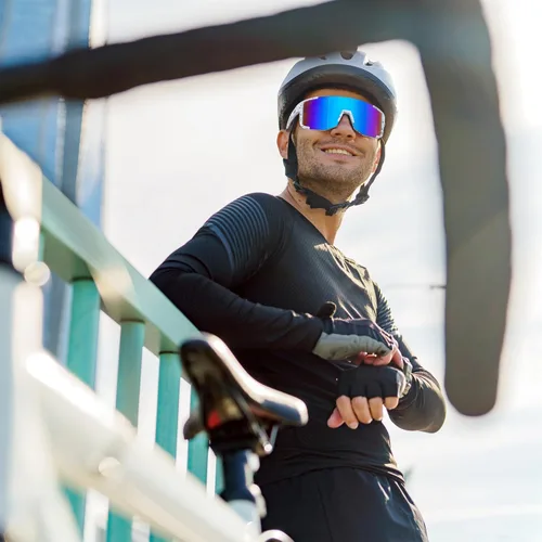 Miniatura 2 de FEISEDY Gafas de sol deportivas para hombres y mujeres, ligero TR90 marco UV400 MTB, correr, pesca, béisbol, B0224 Lente espejada azul marco blanco