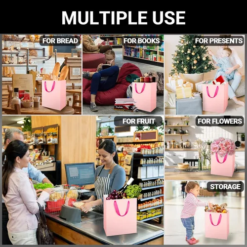 Miniatura 4 de EUSOAR Bolsas grandes de color rosa para regalo, paquete de 50 bolsas de compras de 9.8 x 5.1 x 12.6 pulgadas con asas a granel, bolsas de envoltura