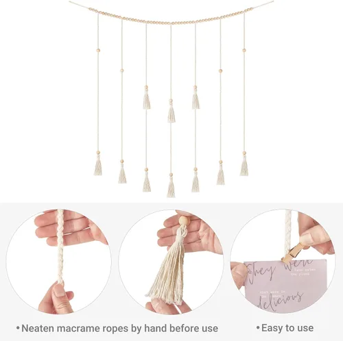 Miniatura 5 de Mkono Decoración de pared colgante de macramé con cadena de luces, habitación bohemia para dormitorio, cuentas de madera, guirnalda para tarjetas