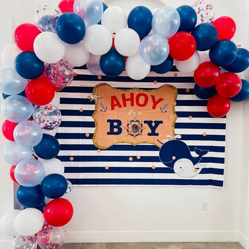 Miniatura 5 de Arco de globos rojos, blancos y azules, 130 unidades, guirnalda de globos azul claro azul claro y blanco con globos de confeti para béisbol, 4