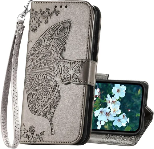 Miniatura 8 de Funda tipo cartera para iPhone 13 para mujeres, diseño plegable tipo folio con mariposa en relieve, cuero PU con soporte, ranuras para tarjetas