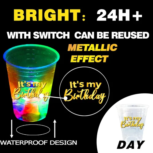 Miniatura 3 de mishunyus Paquete de 24 tazas de cumpleaños brillantes de 16 onzas – Vasos de fiesta reutilizables iluminados para cumpleaños de adultos 21, 30, 40