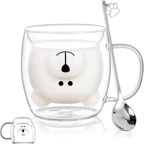 Miniatura 11 de Binoster Tazas Lindas de Oso Kawaii de Vidrio de Doble Pared para Café y Té, Taza de Yogur Divertida, Regalo Novedoso para Mujeres, Sus Amigas