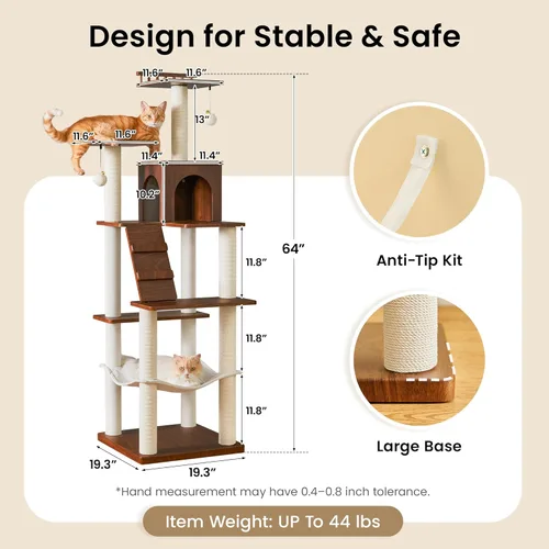 Miniatura 8 de Árbol moderno para gatos de 64 pulgadas, torre para gatos de interior con varios niveles, con 7 postes rascadores completamente envueltos, 2 Marrón