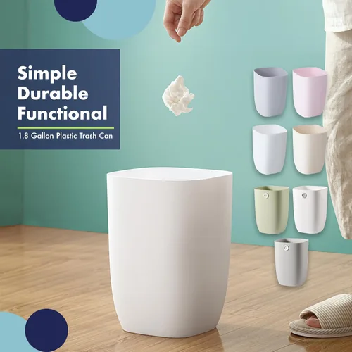 Miniatura 2 de Paquete de 2 botes de basura para baño, compactos, de 1.8 galones, pequeños, blancos, para baño, cocina, dormitorio y oficina, cubo de basura