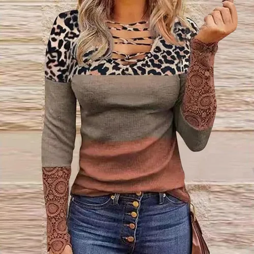 Miniatura 2 de Blusa de punto con estampado de leopardo y manga larga para mujer, con cuello en V, de moda, para otoño