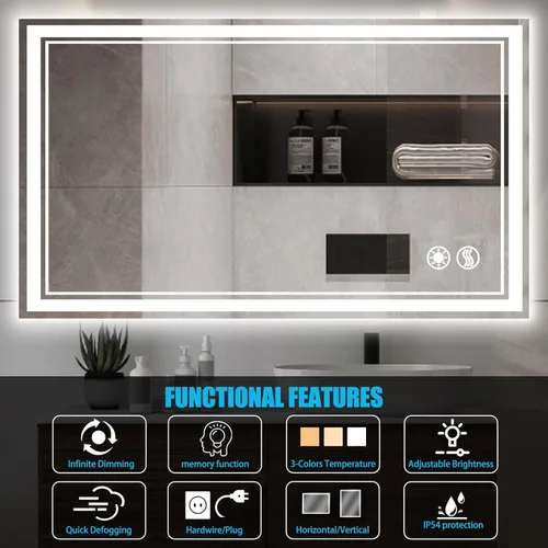 Miniatura 2 de Espejo LED de 48 x 28 pulgadas para baño, espejo de baño sin niebla, con luces LED, regulable, 3 colores, luces delanteras y retroiluminadas, espejo