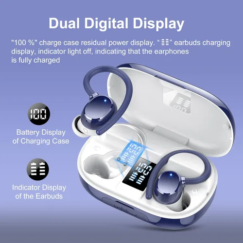 Miniatura 4 de hadbleng Auriculares inalámbricos con Bluetooth con pantalla digital LED de 128 horas de reproducción, gancho sobre la oreja con micrófono, sonido