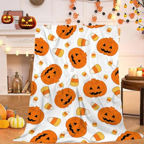 Manta de Halloween de otoño y Halloween, calabazas naranjas con maíz de caramelo, manta ultra suave, manta ligera para sofá y cama, decoración del