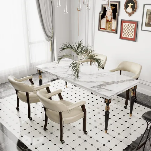 Miniatura 71 de Juego de 8 sillas de cuero de comedor con ruedas y brazos, silla de capitán Accent con ruedas, sillas de madera con ruedas enrollables para cocina