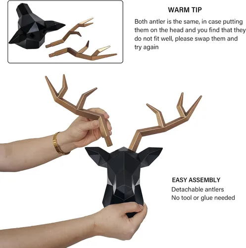 Miniatura 3 de Keygift Decoración de pared geométrica de cabeza de ciervo negro y cobre, resina de taxidermia sintética, cabeza de animal, montaje en pared