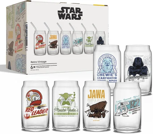 Miniatura 9 de JoyJolt Star Wars Colección Retro Vintage 16.9 oz Vasos de Vidrio - Con Darth Vader, R2D2, Yoda, Chewbacca, Red Leader, Jawa - Vajilla